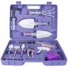 10Pcs Gardening Hand Tool Set Ergonomic Handle Gardening Work Kit w/ Rake Shears Shovel Spray Bottle Purple Floral Print Portable Carrying Case
