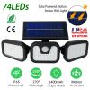 Solar Wall Lamp 74 LEDs 3 Adjustable Head Motion Sensor Flood Light IP65 Waterproof Security Light Outdoor 270° Wide Angle Light For Garage Front Door