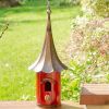 Outdoor Red Metal Bird House with Vintage Bronze Phonograph Style Roof