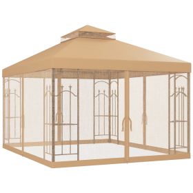 Outsunny 10x12 Patio Gazebo Brown with Corner Frame Shelves Double Roof Outdoor Shelter