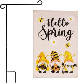 Combo Pack Garden Flag Stand Black 36x16 in & Garden Flag Hello Spring Decoration Three Bee Gnomes 12x18 inch Double-Sided Burlap Fabric