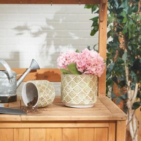 Modern Abstract Gold and White Cement Flower Pot Set of 2 - Stylish Home Decor